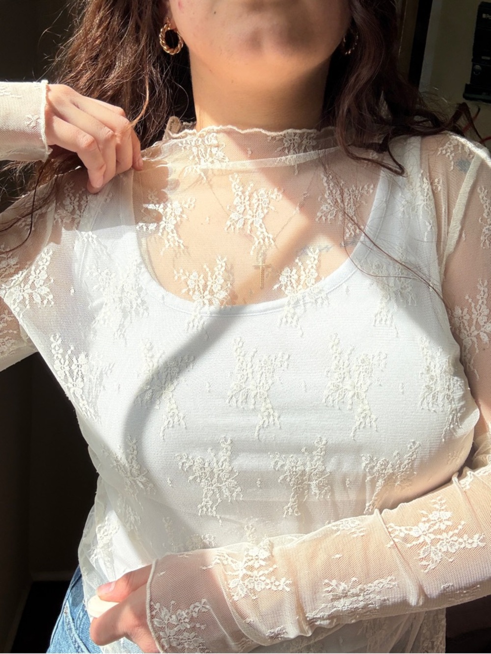 Wild Fable Cream Floral Lace Mesh Long Sleeve Top | Sheer Layering Top | Size XL